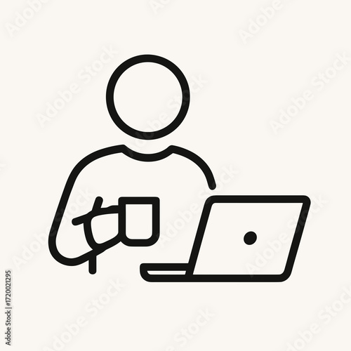 Minimalistic line art of a person working on a laptop with a cup of coffee in a cozy workspace