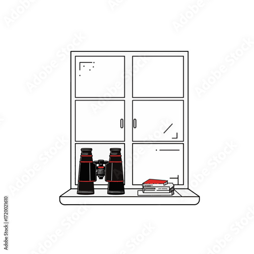 Minimalist binoculars on windowsill with red accent, observing life