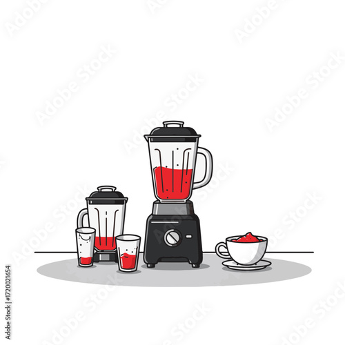 Modern blender setup with vibrant red smoothie on clean counter, minimalist design