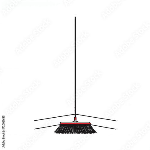 Minimalist black and white broom with red accent in a clean space, simplicity