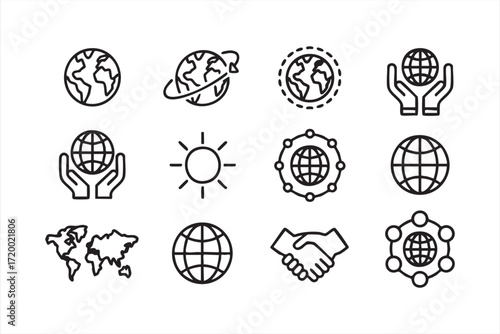 Vector illustration of world map, globe, and cooperation line graphics set