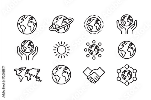 Earth and global unity outline icons for international and environmental projects