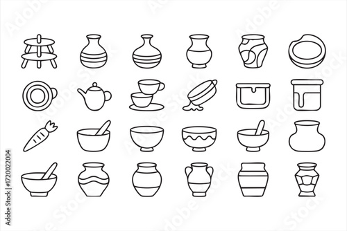 Ceramic pottery and kitchen utensils outline icons for cooking and dining projects