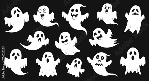 A diverse collection of cute and spooky cartoon ghost characters with various expressions, perfect for halloween decorations and designs. Vector illustration set isolated for easy use