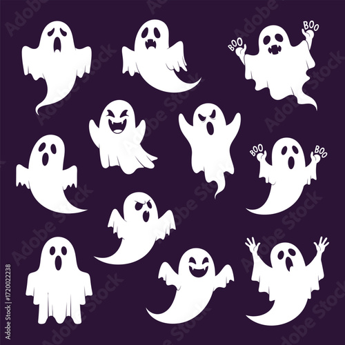 A spooky and cute collection of cartoon ghost characters perfect for halloween designs. Vector set of funny phantoms with various scary expressions