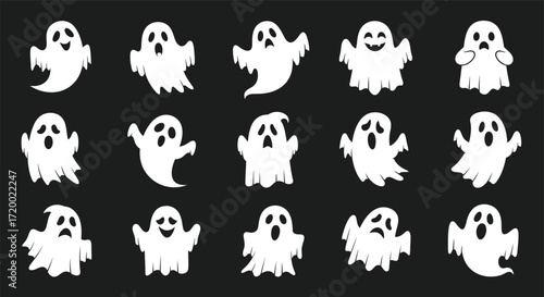 Spooky halloween ghost character collection. A set of cute white phantom illustrations with different funny and scary emotions. Isolated cartoon vector graphic elements for design on a dark background