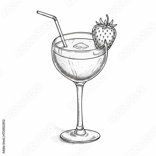 Hand-drawn cocktail glass filled with ice and strawberry garnish  