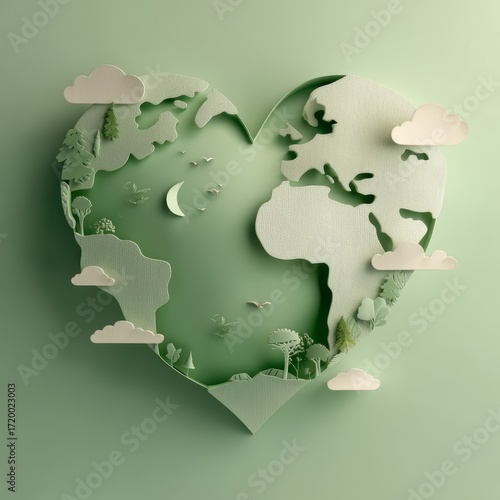 Heart Shape Paper Cut Design with Nature Elements and Soft Green Background
