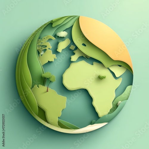 Green Planet Icon with Cut Paper Design Showcasing Nature and Sustainability Themes