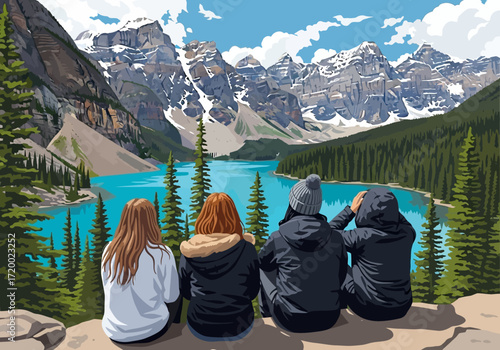 Four friends admire the breathtaking turquoise waters of a mountain lake, a stunning landscape