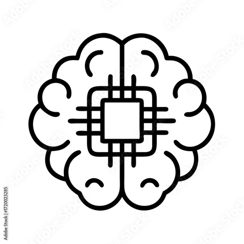 Stylized outline of a human brain with a central microchip graphic isolated on transparent background