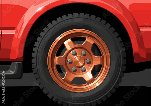 Detailed vector illustration of a shiny bronze rim on a red automotive vehicle wheel