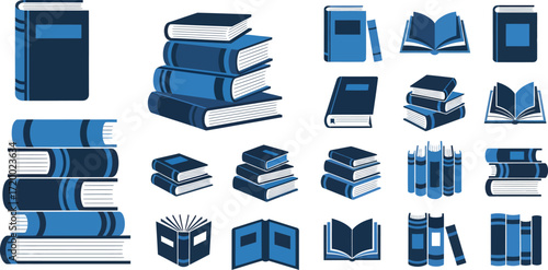 Collection of various book icons, including stacks, single books, and open books.