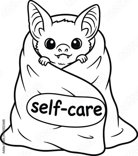 Cute bat wrapped in a selfcare blanket line art design