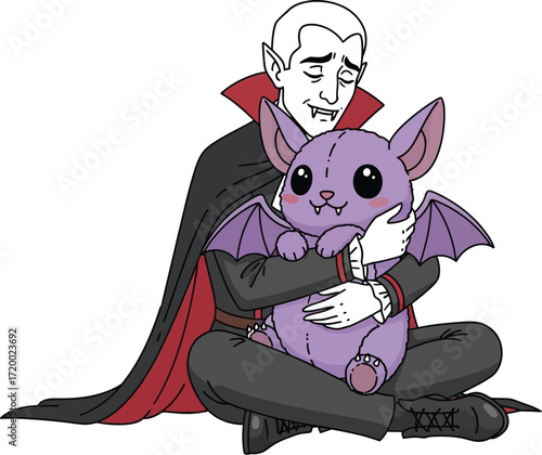 Cartoon vampire lovingly holds a cute purple bat plushie