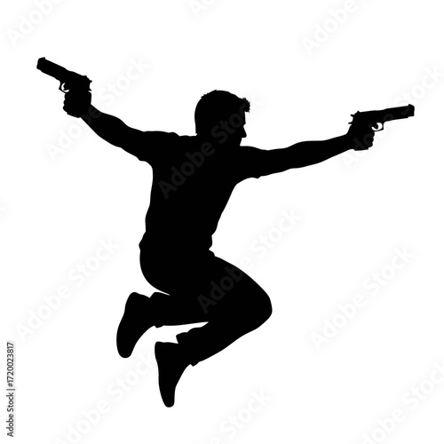 Man jumping with two guns in action silhouette isolated on white background