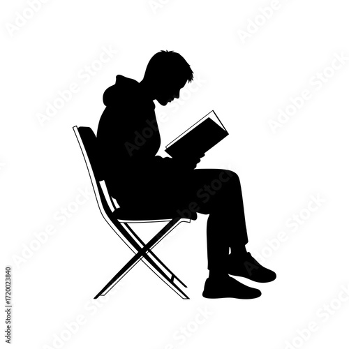 Young person in silhouette reading a book while sitting on a chair isolated on white background
