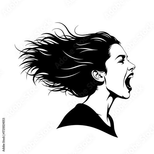 Dramatic silhouette of a woman screaming with windblown hair isolated on white background