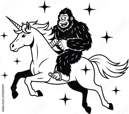 Vector art of bigfoot riding a unicorn with stars around them