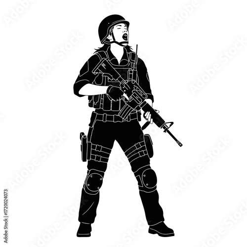 Female soldier in tactical gear holding assault rifle silhouette isolated on white background