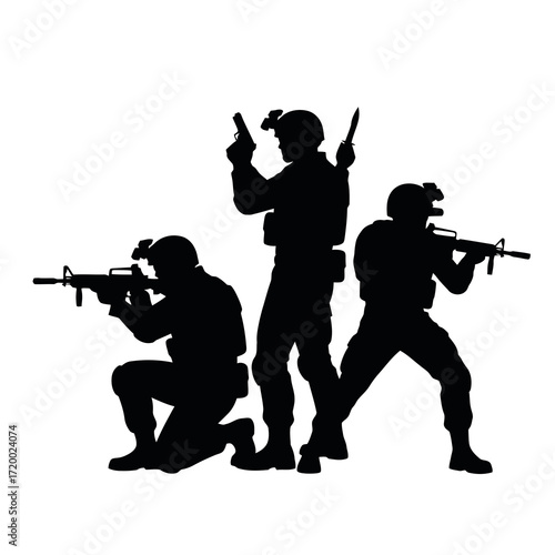 Three soldiers in tactical gear with weapons silhouette isolated on white background