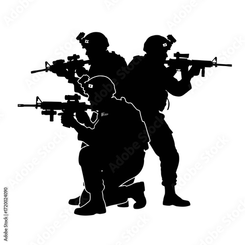 Three soldiers in tactical gear aiming rifles silhouette isolated on white background