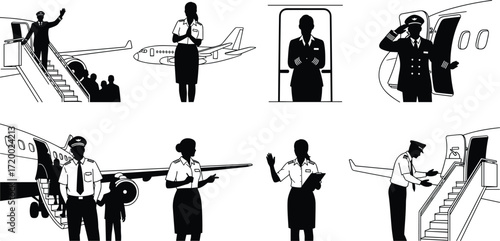 PrintAirline crew illustration, pilot and flight attendant vector, aviation staff drawing, airplane boarding, safety communication, travel service, professional aviation character art