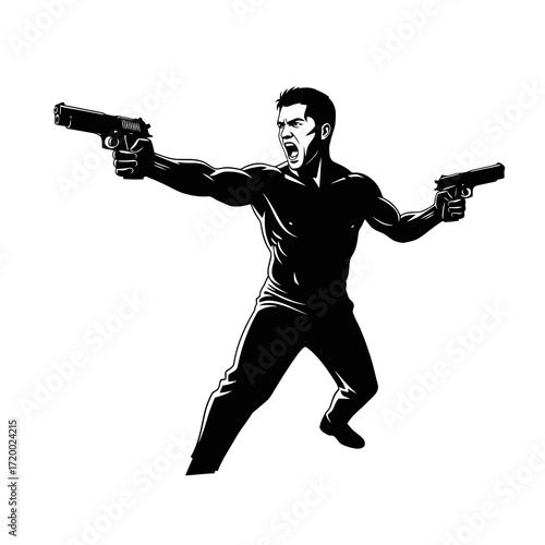 Action hero man with two guns shooting silhouette isolated on white background