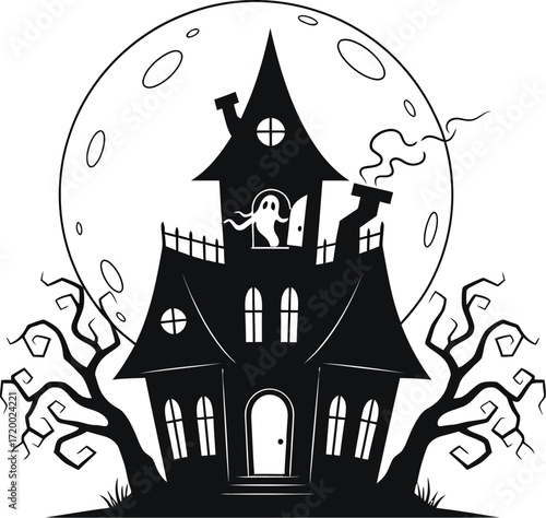 Spooky haunted house with ghost silhouette against full moon