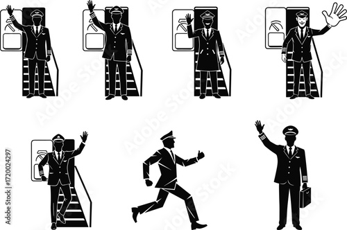 PrintAirline pilot illustration, vector aviation character, flight captain waving, airplane stairs boarding, uniform crew drawing, aviation worker clipart, travel concept art