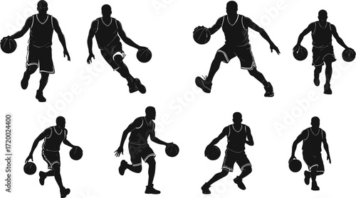 PrintBasketball player silhouette, athlete dribbling ball, dynamic sports action, professional game vector, fitness movement, training illustration, competitive basketball design