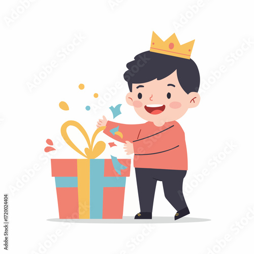 Joyful boy unwrapping a colorful gift with excitement  