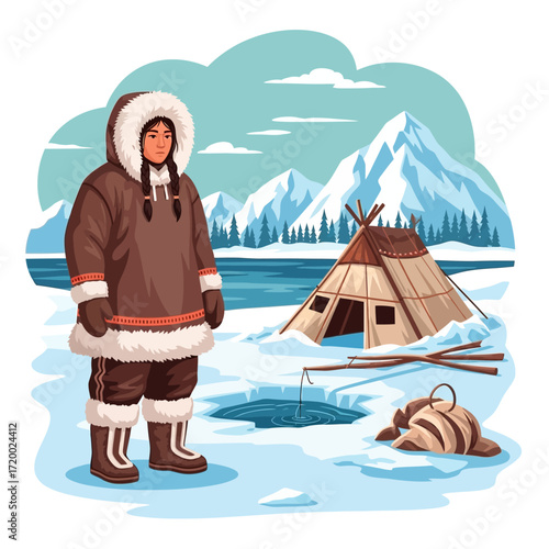 Authentic Inuit woman fishing on ice with traditional clothing near snowy mountains and tent, capturing the essence of Northern Canada lifestyle