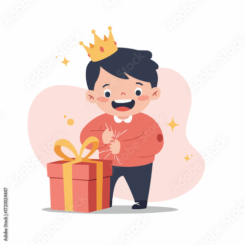 Happy boy wearing crown opening Christmas gift with excitement  