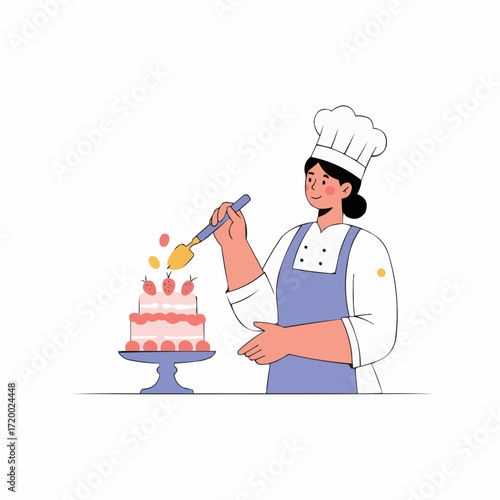 Baker decorating a cake with fruits in modern kitchen setting  