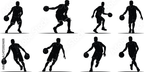 PrintBasketball player silhouette, dribbling ball, sports action illustration, athlete training design, professional game artwork, fitness movement, competitive basketball vector
