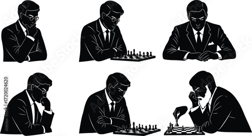 PrintBlack and white chess illustration, formal men in suits, strategic thinking, intellectual board game, concentration, competition, vintage style, thoughtful poses