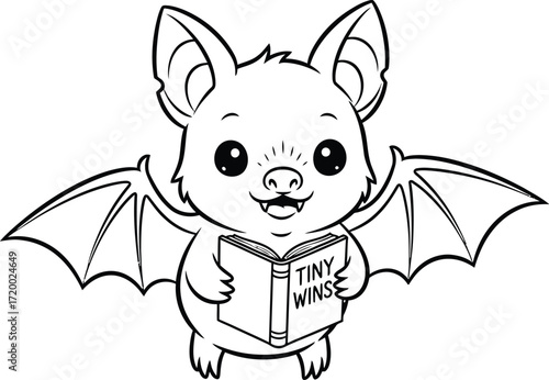 Cute cartoon bat reading a book titled "tiny wins" drawing