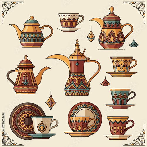 Elegant Arabian coffee pots and cups with intricate designs offer a glimpse into Middle Eastern culture and tradition, perfect for cultural themes