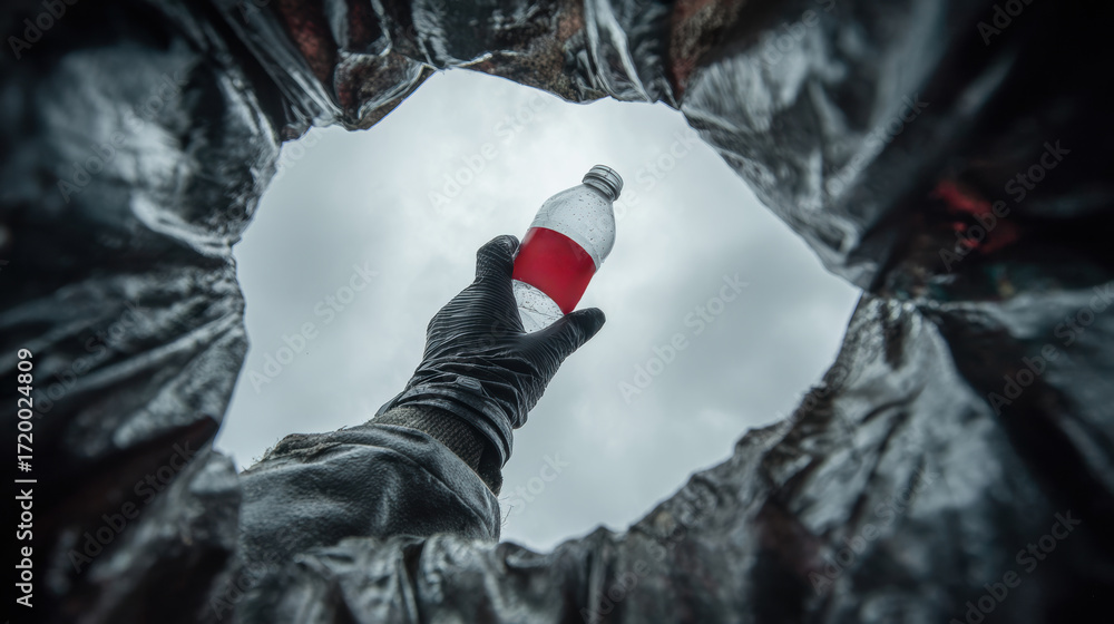 Obraz premium Person wearing glove is seen from inside trash bag holding plastic bottle against cloudy sky