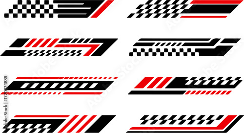 RACING STRIPES Icon Set – 8 Stylized Black, Red & White Graphics for Speed, Motion & Motorsport Branding in Automotive Design, UI & Creative Assets