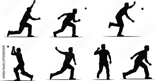PrintCricket player silhouette, bowler action pose, batsman catching ball, sports vector illustration, athlete training artwork, dynamic motion, professional cricket match, competitive game