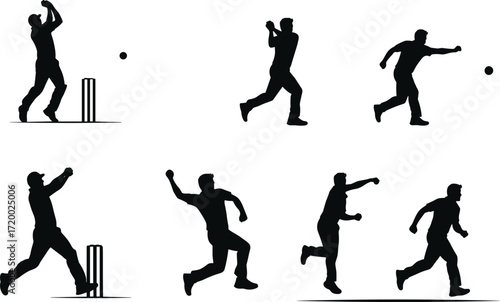 PrintCricket player silhouette, bowler throwing ball, batsman action pose, sports vector illustration, professional athlete artwork, competitive cricket game, dynamic motion training, stumps