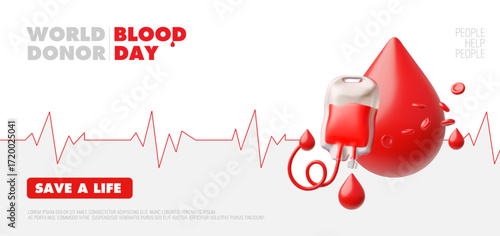 3D banner with heartbeat line, blood drop, bag, red blood cells and "Save a life" inscription.