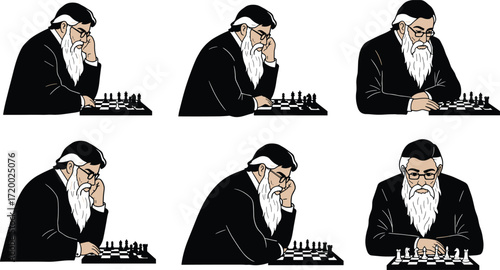PrintElderly man playing chess, thoughtful senior strategist, intellectual board game concept, wisdom and strategy, vintage style illustration, concentration, focus, intelligence