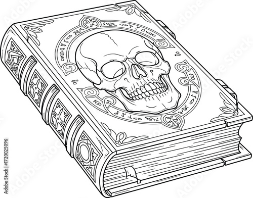 Illustrated spellbook with skull design for coloring page