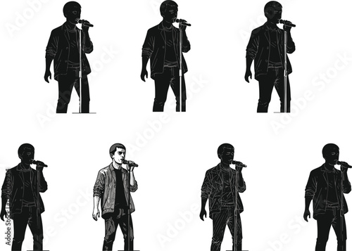 PrintMale singer silhouette with microphone, performing on stage, music concert illustration, vocalist vector art, entertainment design, sound performance, live show background