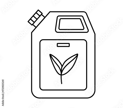 Hand drawn cute outline illustration of gasoline canister with leaf. Flat vector car fuel jerrycan line art doodle. Ecology problem sticker, icon. Renewable energy. Environmental pollution. Isolated.