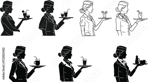 PrintSilhouette air hostess serving drinks, stewardess uniform illustration, cabin crew hospitality, flight attendant holding tray, professional airline service, aviation retro vector design