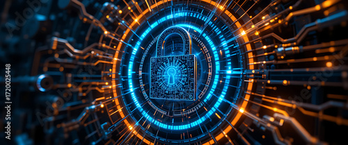 Cyber lock shield with rotating 4D layers of encryption, luminous cyan beams cutting through darkness